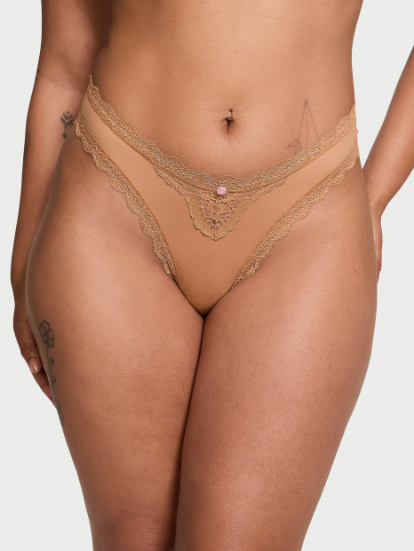Женские трусики бразилиана Victoria's Secret с кружевом 1159861589 (Бежевый S)