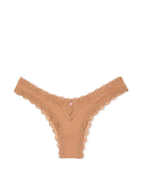 Женские трусики бразилиана Victoria's Secret с кружевом 1159861589 (Бежевый S)