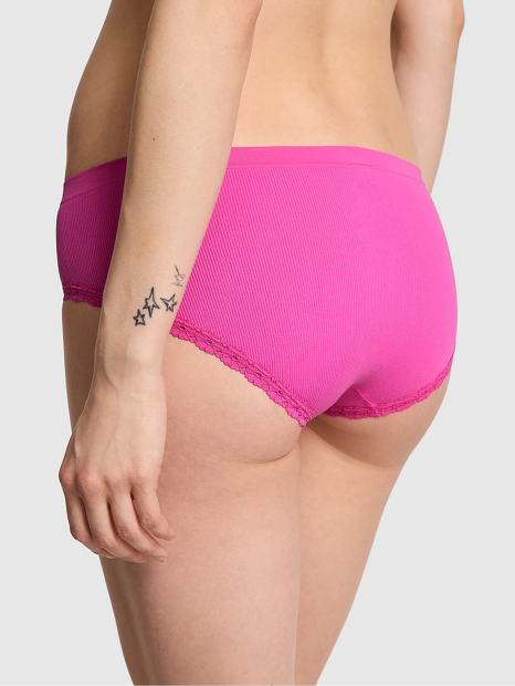 Женские трусики хипхаггеры в рубчик Victoria's Secret PINK с кружевом 1159862063 (Розовый XL)