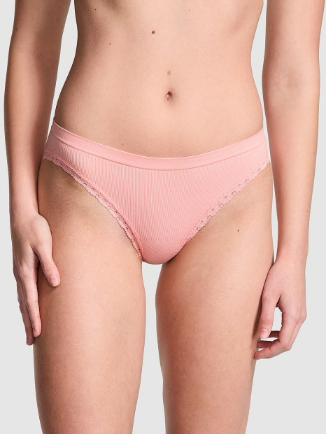 Женские трусики бикини в рубчик Victoria's Secret PINK с кружевом 1159864599 (Розовый XL)