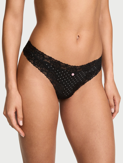 Жіночі трусики тонг Victoria's Secret з мереживним оздобленням 1160344720 (Чорний L)