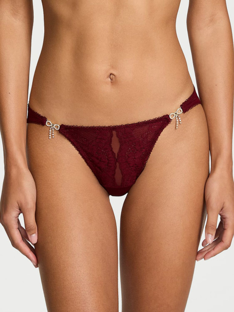 Сетчатые трусики бикини Victoria's Secret с кружевом и стразами 1160805723 (Бордовый S)