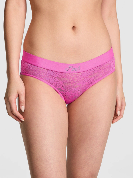 Кружевные трусики хипхаггеры Victoria's Secret PINK со стразами 1161112547 (Розовый XS)