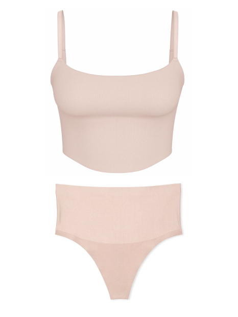 Утягивающий комплект белья Victoria's Secret топ и трусики тонг 1159862088 (Бежевый S)