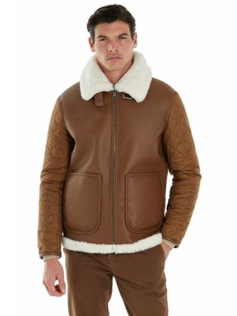 Чоловіча куртка GUESS з екошкіри з хутряним коміром 1159842412 (Коричневий XXL)