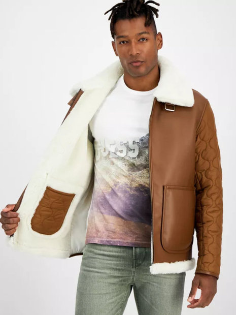 Чоловіча куртка GUESS з екошкіри з хутряним коміром 1159842412 (Коричневий XXL)
