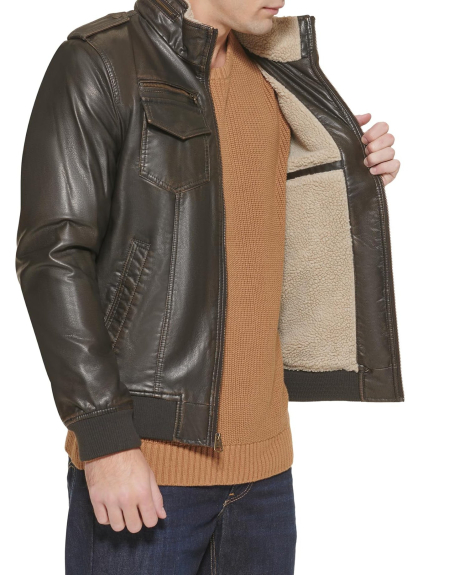 Чоловіча куртка-бомбер з екошкіри Levi's з шерпою 1159850980 (Коричневий 6XL)