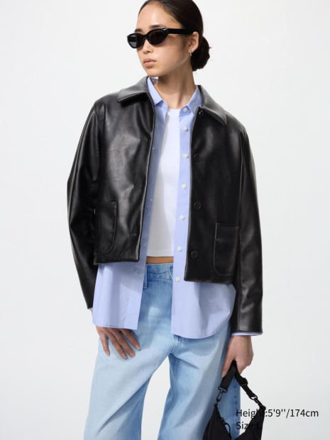 Куртка из экокожи UNIQLO на пуговицах 1159851426 (Черный M)