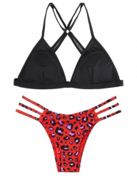 Стильний купальник Victoria`s Secret Swim чорний топ і червоні плавки леопардові