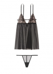Комплект нежный пеньюар и трусики Victoria's Secret бейбидолл ночная рубашка и трусики art724384 (Черный, размер XS)