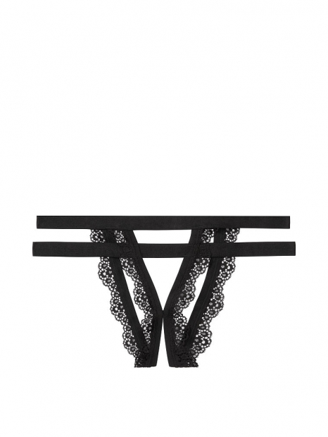 Кружевные открытые трусики стрепы Victoria's Secret art779343  (Черный, размер XS)