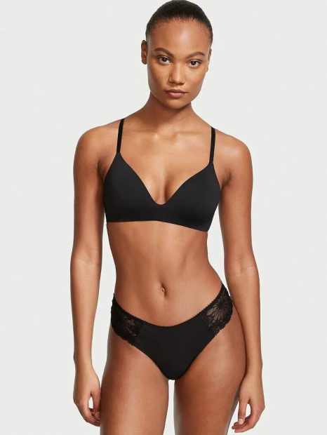 Бесшовные трусики Victoria's Secret тонг с кружевом 1159768616 (Черный, S)