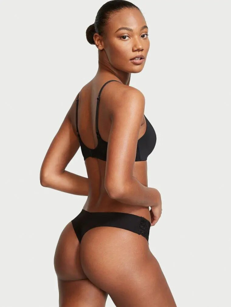 Бесшовные трусики Victoria's Secret тонг с кружевом 1159768616 (Черный, S)