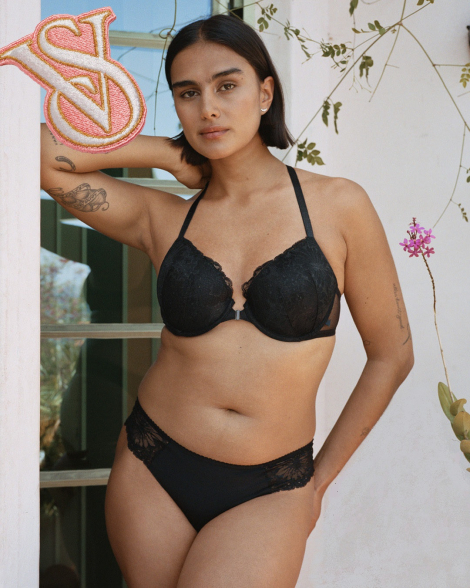 Бесшовные трусики Victoria's Secret тонг с кружевом 1159768616 (Черный, S)