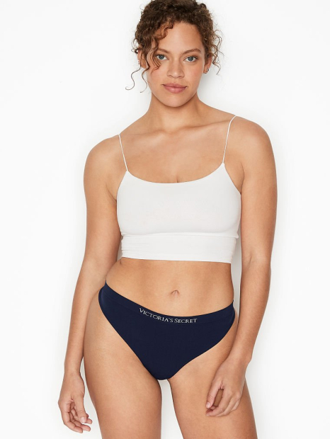 Гладкие трусики тонг Victoria's Secret с логотипом 1159768795 (Синий, M)