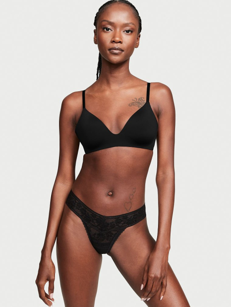 Трусики тонг с цветочным кружевом Victoria's Secret 1159769023 (Черный, XS)