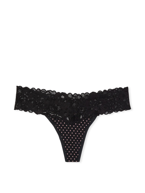 Трусики тонг с цветочным кружевом Victoria's Secret в горошек 1159769348 (Черный, S)