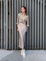 Женская атласная юбка UNIQLO 1159855528 (Бежевый M)