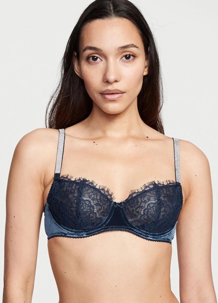 Кружевной бюстгальтер Victoria's Secret с бархатом и стразами 1159818399 (Синий 32D)