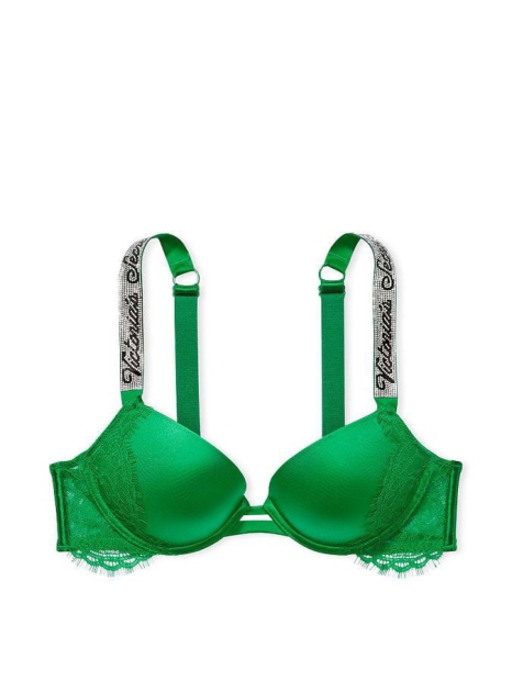Гладкий комплект белья с кружевом и стразами Victoria's Secret лиф Push-Up и трусики чикини 1159804251 (Зеленый, 34B/XS)