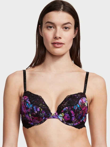 Гладкий комплект белья с кружевом Victoria's Secret лиф Push-Up и трусики тонг 1159805660 (Черный, 34C/M)