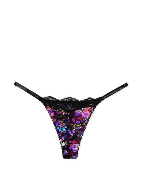 Гладкий комплект белья с кружевом Victoria's Secret лиф Push-Up и трусики тонг 1159805660 (Черный, 34C/M)