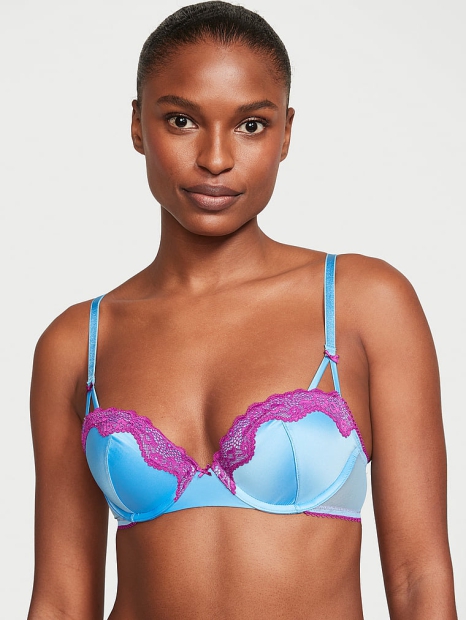 Атласний комплект білизни Victoria's Secret ліф Push-Up та трусики тонг 1159806068 (Блакитний, 34B/S)