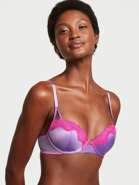 Комплект белья с кружевной отделкой Victoria's Secret лиф Push-Up и трусики тонг 1159806436 (Сиреневый, 34A/S)