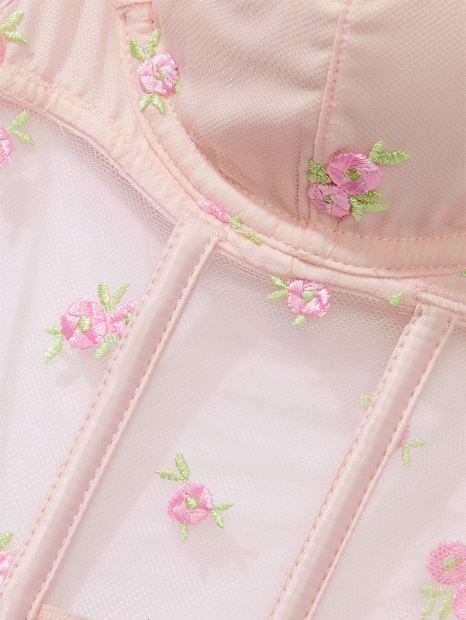 Розкішний комплект з вишивкою Victoria's Secret корсетний топ та трусики тонг 1159806535 (Рожевий, M)