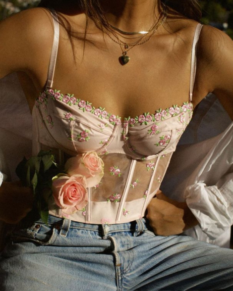 Розкішний комплект з вишивкою Victoria's Secret корсетний топ та трусики тонг 1159806535 (Рожевий, M)