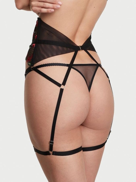 Сексуальний комплект пояс для панчіх і трусики Victoria's Secret з вишивкою 1159809816 (Чорний, M)