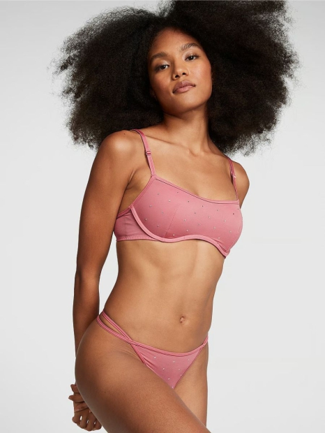 Комплект белья со стразами Victoria's Secret Pink лиф и трусики тонг 1159813275 (Розовый, XL)