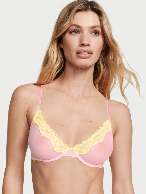 Кружевной комплект белья Victoria's Secret лиф и трусики тонг 1159814699 (Розовый 32C/S)