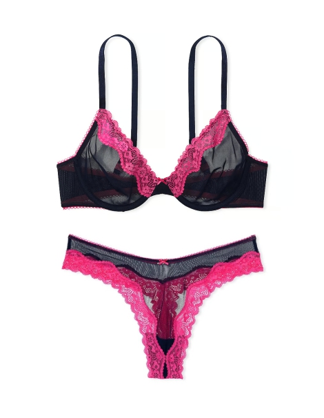 Кружевной комплект белья Victoria's Secret бюст и трусики тонг 1159817078 (Синий 34D/M)