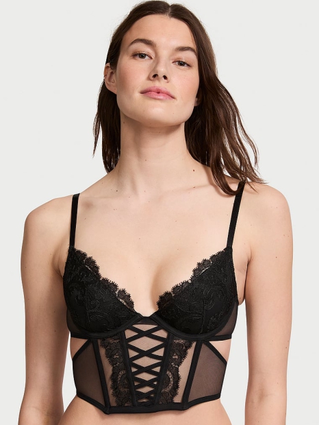 Шикарный комплект белья Victoria's Secret корсет и трусики тонг 1159820169 (Черный S)