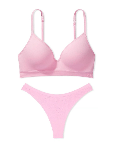 Женский комплект белья Victoria's Secret Pink лиф Push-Up и трусики тонг 1159823719 (Розовый L)