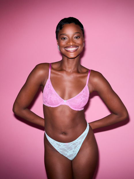 Мереживний комплект білизни Victoria's Secret погруддя та трусики тонг 1159832469 (Бірюзовий 34B/S)