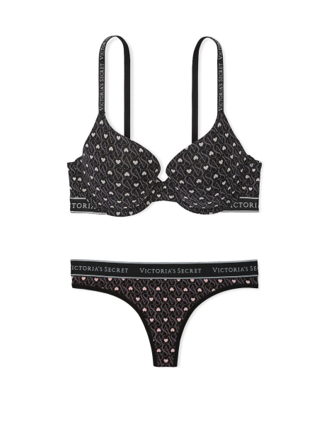 Женский комплект белья Victoria's Secret лиф Push-Up и трусики тонг 1159831193 (Черный 38B/L)