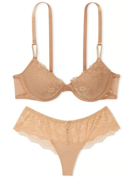 Женский кружевной комплект Victoria's Secret лиф и трусики тонг 1159831515 (Бежевый 38DDD/XL)