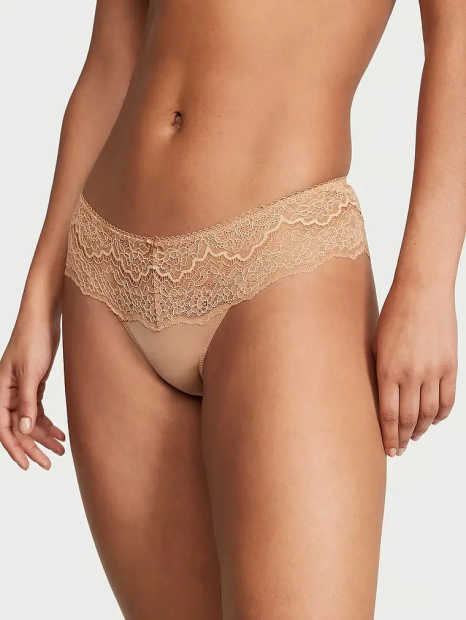 Женский кружевной комплект Victoria's Secret лиф и трусики тонг 1159831515 (Бежевый 38DDD/XL)