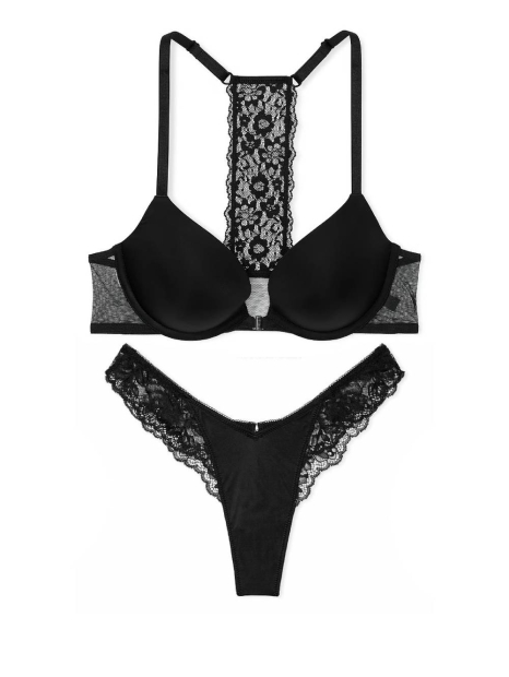 Жіночий комплект білизни Victoria's Secret ліф Push-Up та трусики тонг 1159832144 (Чорний 34B/M)