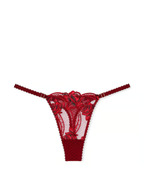 Комплект білизни Victoria's Secret бюст-балконет зі штучної шкіри та трусики тонг з вишивкою 1159832146 (Бордовий 38D/XL)