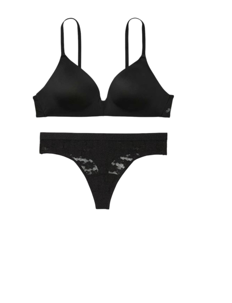 Ефектний комплект білизни Victoria's Secret Pink бюст Push-Up та трусики тонг 1159832154 (Чорний 34C/S)