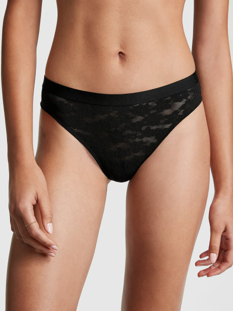 Ефектний комплект білизни Victoria's Secret Pink бюст Push-Up та трусики тонг 1159832154 (Чорний 34C/S)