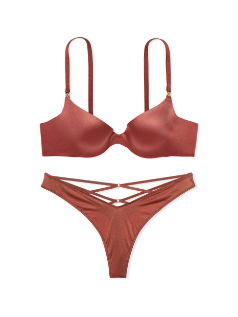 Гладкий комплект белья Victoria's Secret бюст Push-up и трусики тонг 1159832502 (Коричневый 32C/S)
