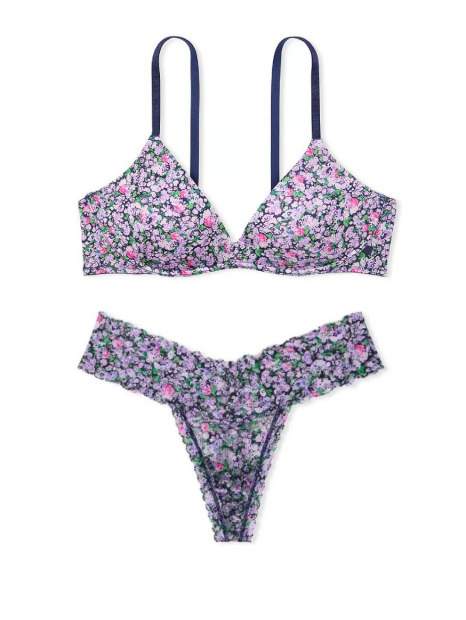 Шикарный комплект белья Victoria's Secret бюстгальтер и трусики тонг 1159832956 (Сиреневый 34A/S)