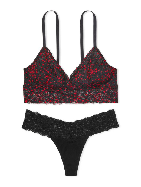 Кружевной комплект белья Victoria's Secret бралетт и трусики тонг 1159833135 (Черный XXL)