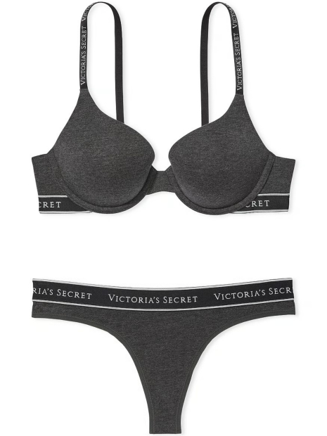 Женский базовый комплект белья Victoria's Secret лиф Push-Up и трусики тонг 1159833181 (Серый 32C/XS)