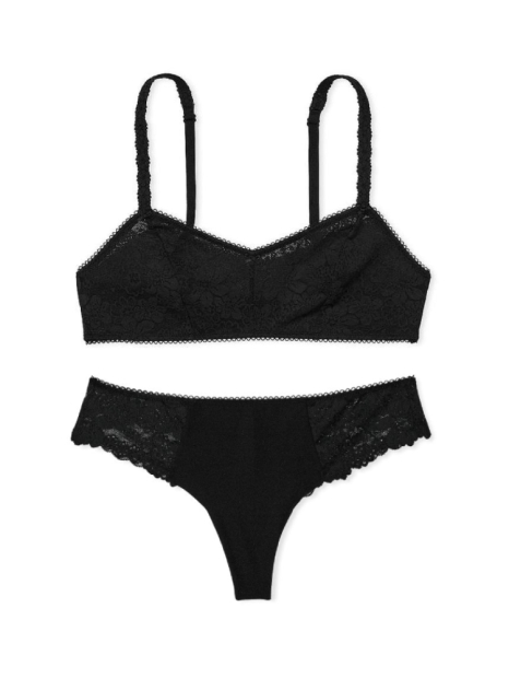 Комплект белья Victoria's Secret Pink бралетт и трусики тонг 1159833211 (Черный L)