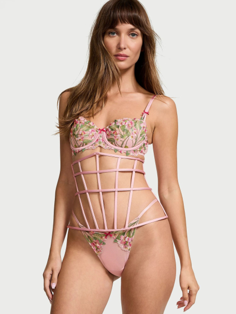 Роскошный комплект с вышивкой Victoria's Secret корсет, бюст и трусики бразильяна 1159833422 (Розовый 38DDD/XL)